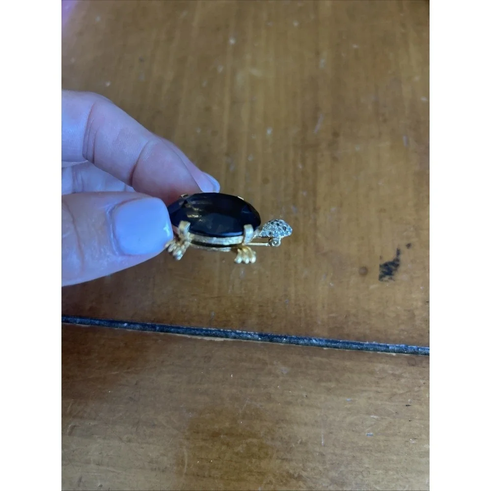 Signed Panetta Turtle Brooch Brown Faceted Glass Stone Rhinestone Gold Tone MINT